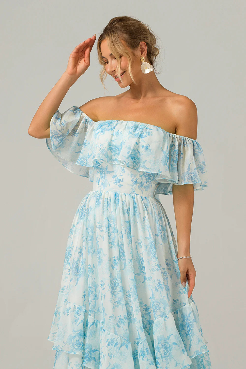 White Blue Floral A Line Off The Shoulder Tiered Maxi Dress